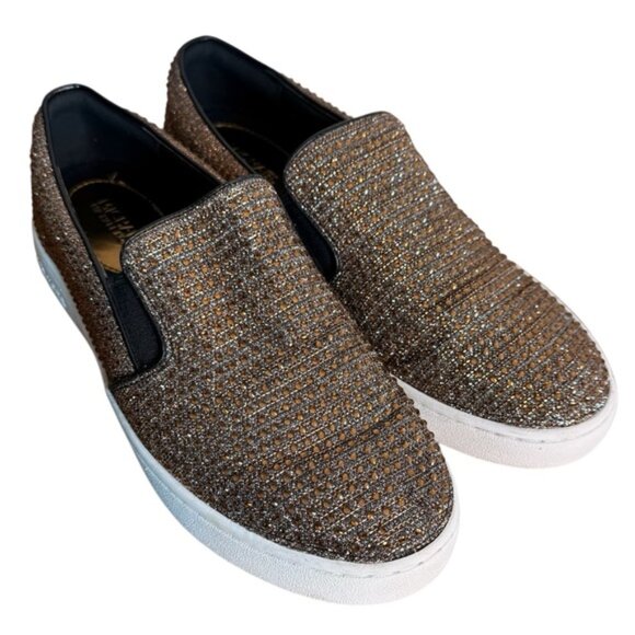 MICHAEL KORS Keaton MK Bedazzled Bronze Rhinestone Slip On Sneakers - Picture 2 of 15